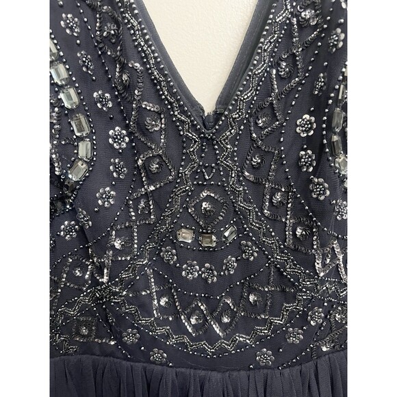$495 AIDAN MATTOX Navy Embellished Beaded Tulle Formal Dress Gown Size 6 M3020 - Picture 5 of 15